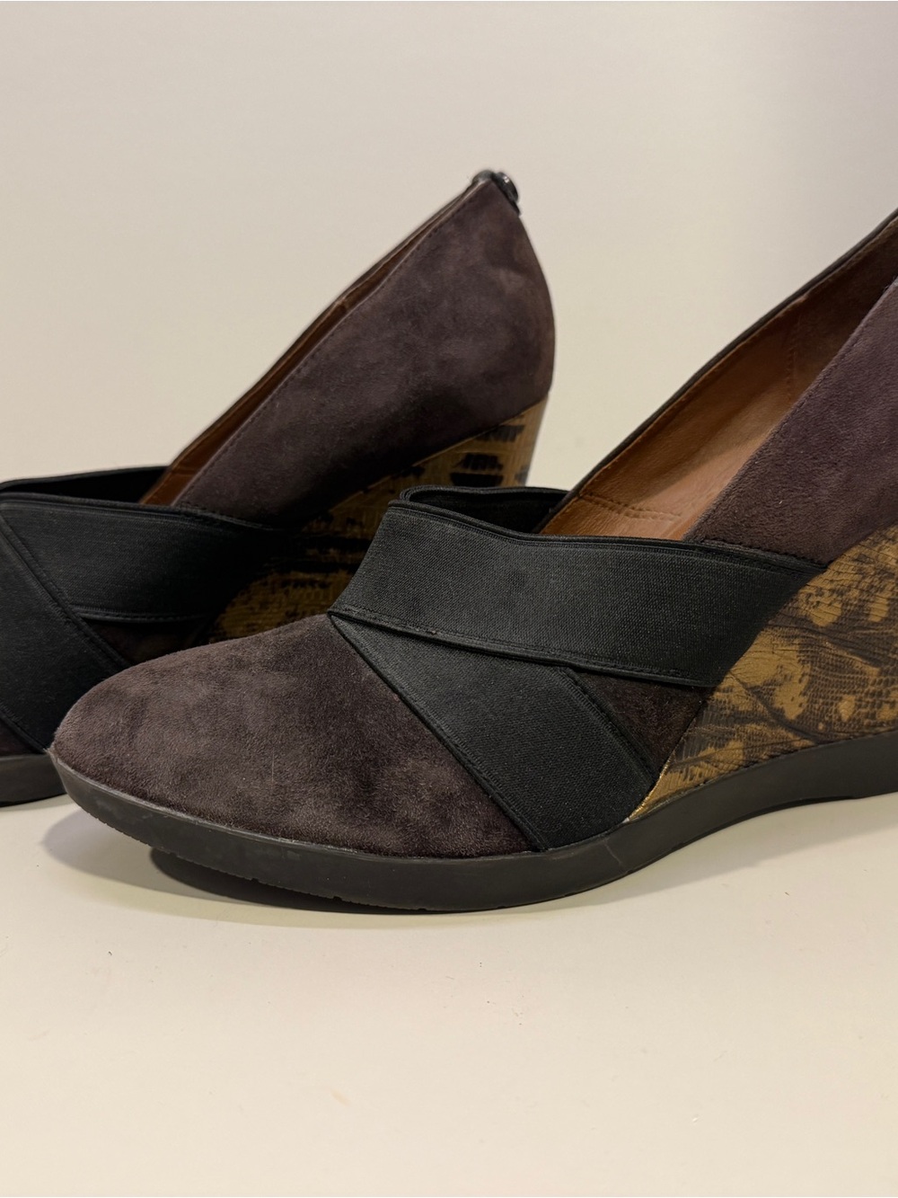 Donald J. Pliner Brown Suede Wedge Pumps with Black Elastic Straps